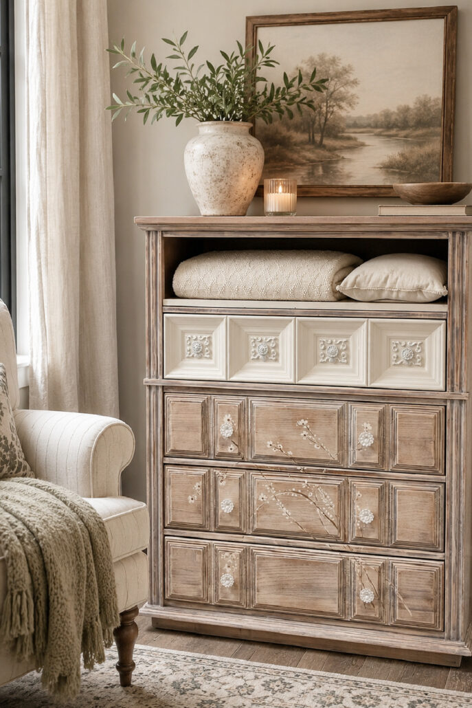 Facebook Marketplace dresser makeover with a distressed neutral finish, hand-painted floral details, and open shelving styled in a cozy farmhouse room.