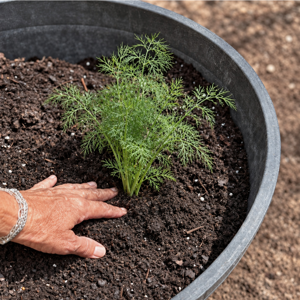 Hand gently firming potting mix around a newly planted dill herb in a large black container.