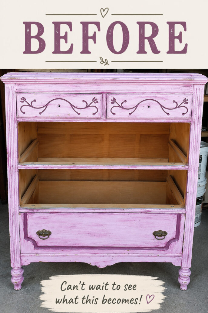 Before photo of a pink vintage dresser with missing drawers, ready for a thrift store furniture makeover.