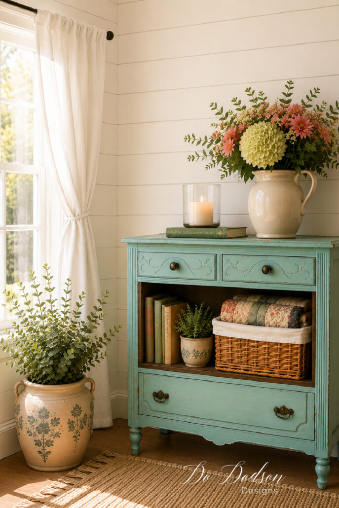 Turquoise thrift store dresser makeover with open shelving, styled with books, a basket, plants, and farmhouse decor.