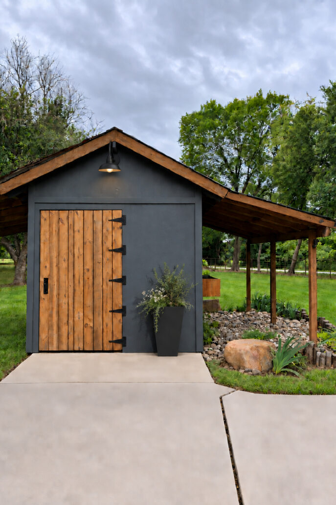 Modern farmhouse shed entrance with a restored stained wood door, black barn light, tall planter, and low-maintenance river rock landscaping.