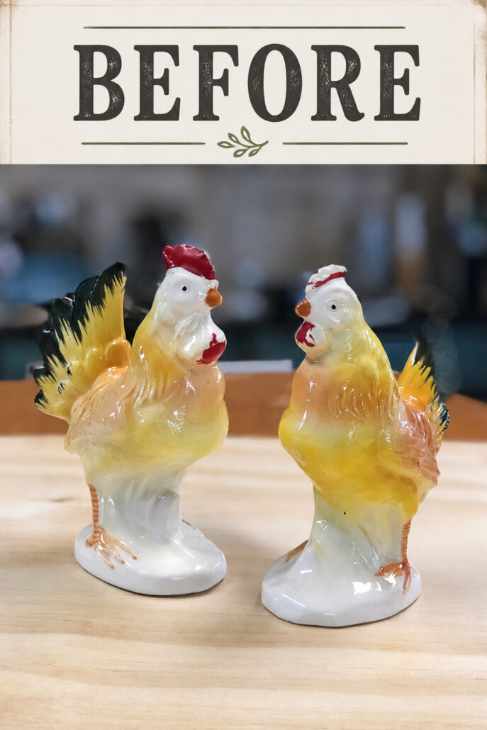 Before photo of vintage yellow ceramic hen and rooster figurines before their farmhouse decor makeover.