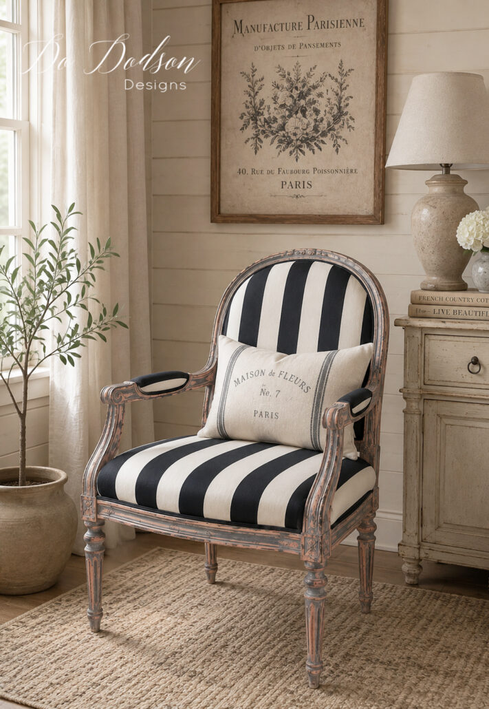 Vintage French armchair makeover with black and white striped upholstery, styled in a warm French farmhouse room with neutral decor.