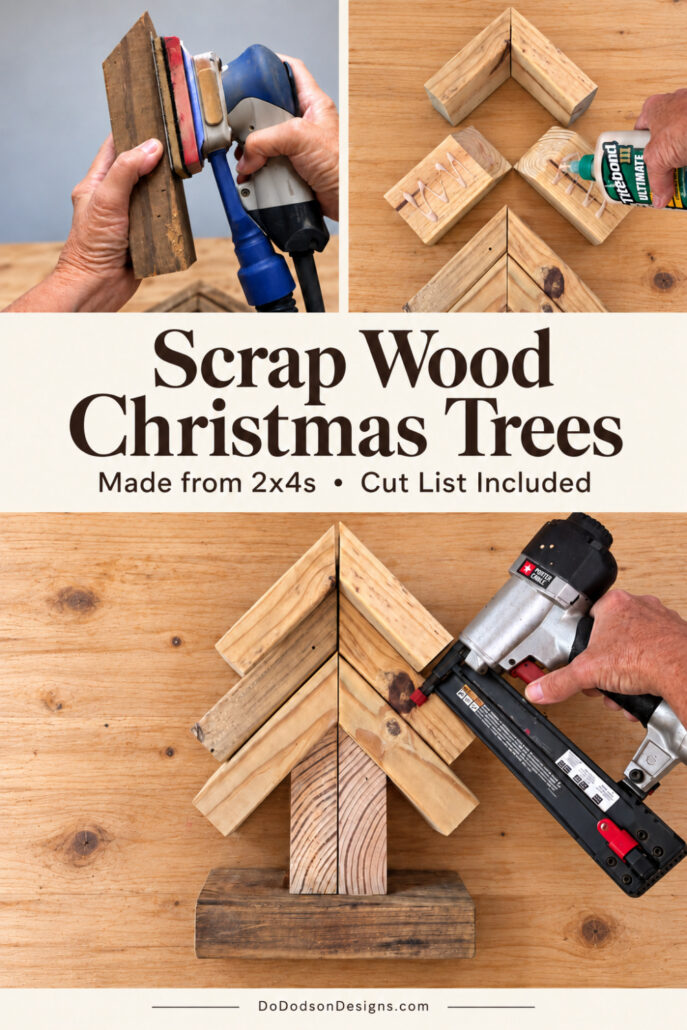 Sanding, gluing, and nailing a 2x4 scrap wood Christmas tree, with text reading “Scrap Wood Christmas Trees” and “Made from 2x4s • Cut List Included.”