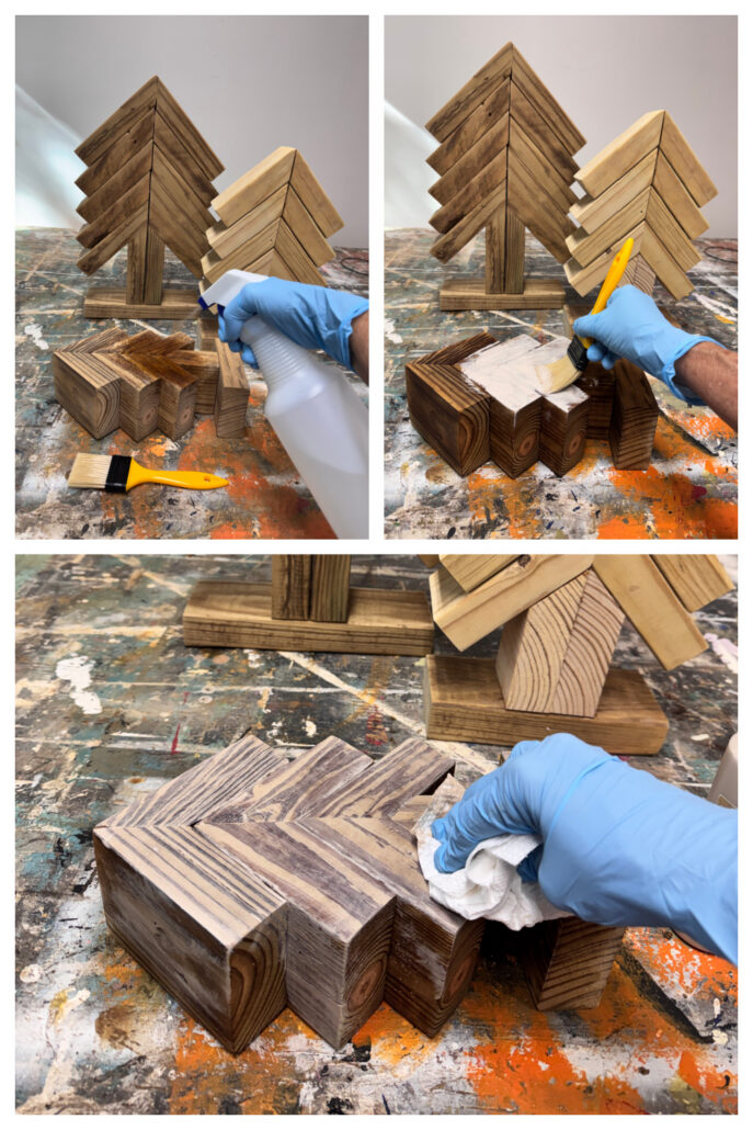 Three-photo collage showing a 2x4 scrap wood Christmas tree dampened with water, brushed with colorwash, and wiped back to reveal the wood grain.