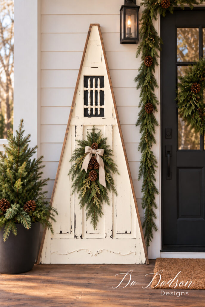Distressed white Christmas tree made from an old wood door, decorated with an evergreen swag and linen bow on a farmhouse porch beside a black front door.