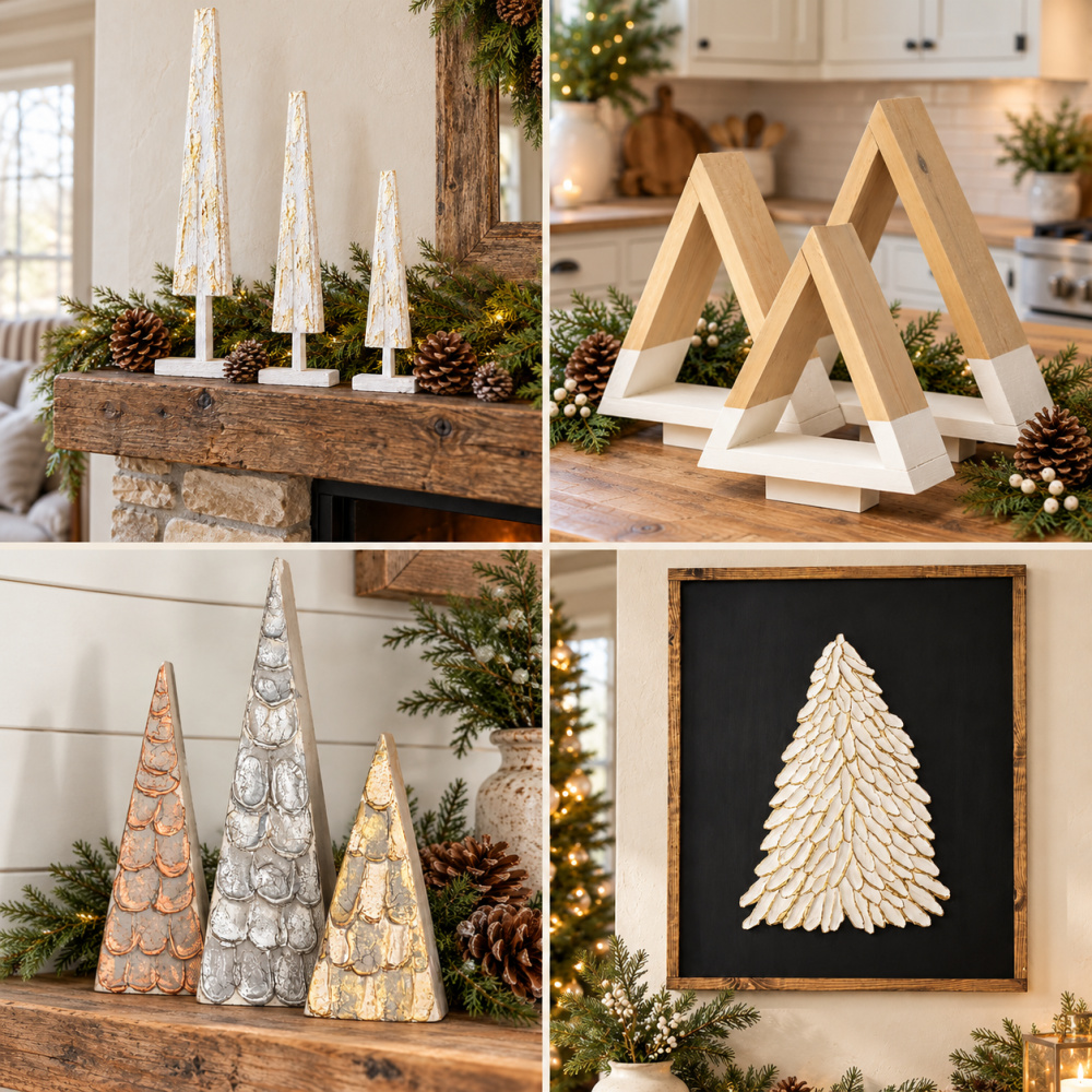 Four DIY wood Christmas tree ideas featuring wood shim trees, open-frame tabletop trees, textured block trees, and framed spackle art.